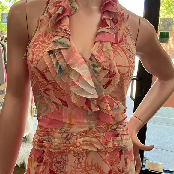 Kay Unger 100% Silk vintage midi maxi dress pink lined halter ruffles XS S - Picture 3 of 16